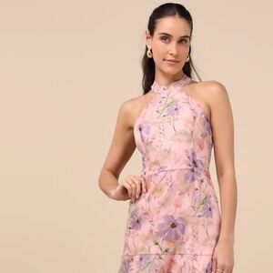 Forever Exceptional Light Pink Floral Halter Organza Maxi Dress